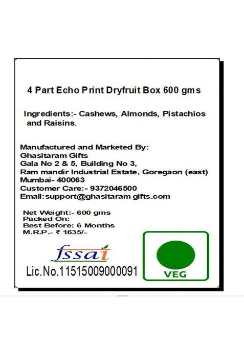 Ghasitaram Gifts 4 Part Echo Print Dryfruit Box 600 Gms|Dry Fruit Combo Pack Offer|Dry Gift Pack|Dry Box|Diwali Dry Box|