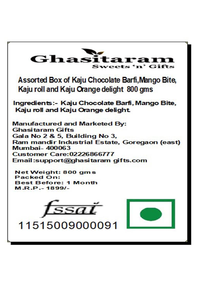 Ghasitaram Gifts Assorted Box Of Kaju Chocolate Barfi,Mango Bite,Kaju Roll And Orange Delight 800 Gms|Gift For Diwali,Holi,Valentine,Birthday,Anniversary,Gift Her,Him,Mothers Day,Fathers Day|