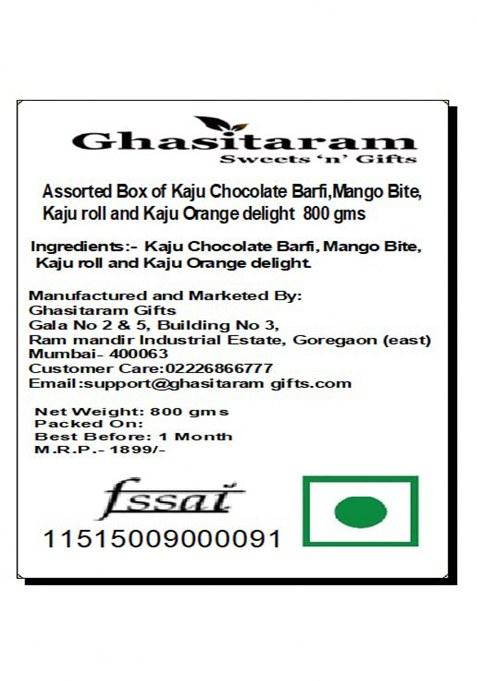 Ghasitaram Gifts Assorted Box Of Kaju Chocolate Barfi,Mango Bite,Kaju Roll And Orange Delight 800 Gms|Gift For Diwali,Holi,Valentine,Birthday,Anniversary,Gift Her,Him,Mothers Day,Fathers Day|