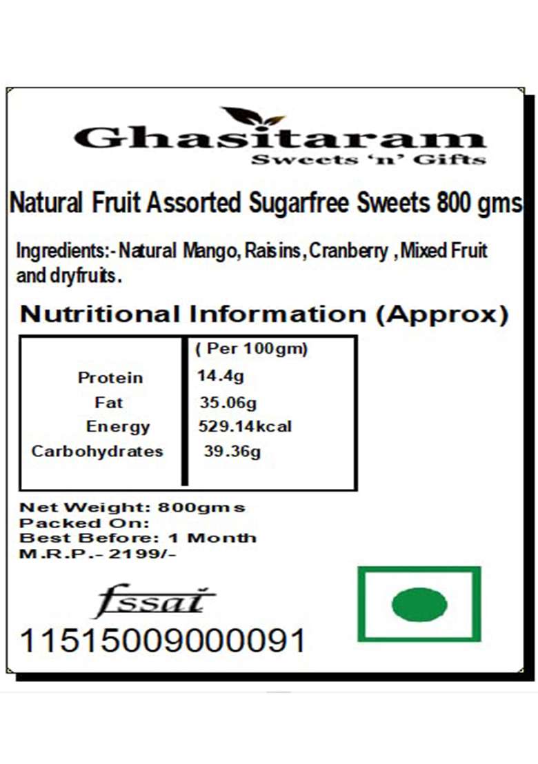 Ghasitaram Gifts Bhaidooj Sugarfree Sweets - Natural Fruit Assorted 800 Gms - Indya
