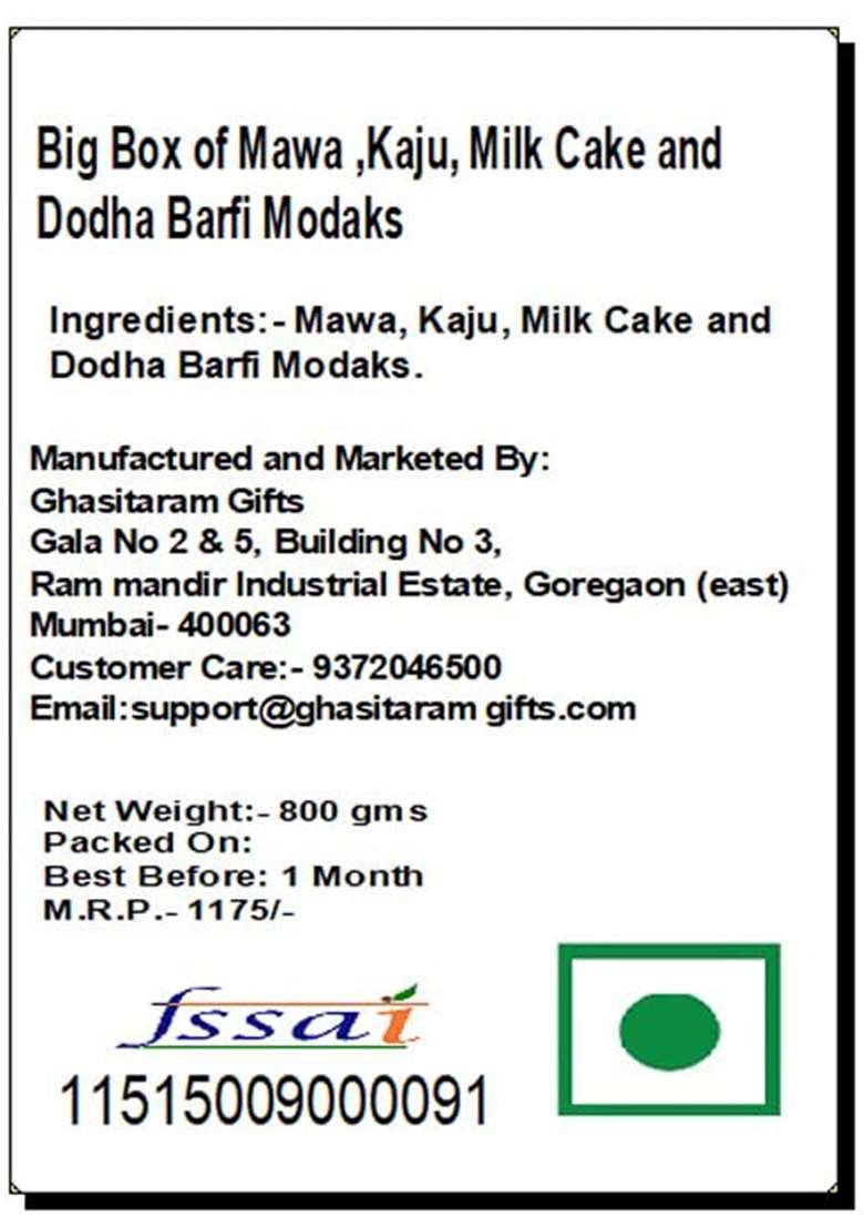 Ghasitaram Gifts Big Box Of Mawa ,Kaju, Milk Cake And Dodha Barfi Modaks - Indya
