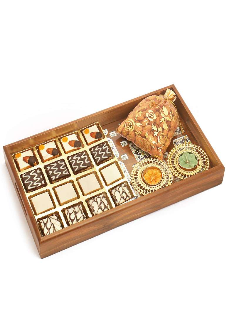 Ghasitaram Gifts Big Wooden Printed 16 Pcs Choco Dryfruit Bites Tray, T-Lite And Almonds Pouch|Dry Fruit Combo Pack Offer|Dry Gift Pack|Dry Box|Diwali Dry Box| - Indya