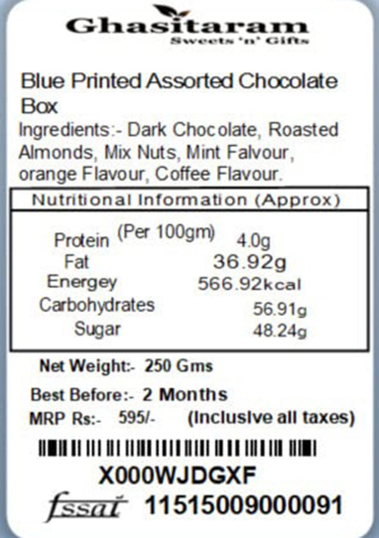 Ghasitaram Gifts Blue Printed Assorted Chocolate Box|Chocolate Gift Hamper|Diwali Chocolates|Food Hamper|Gourmet Hampers|Chocolates|Dryfruit|Chocolate Hamper|