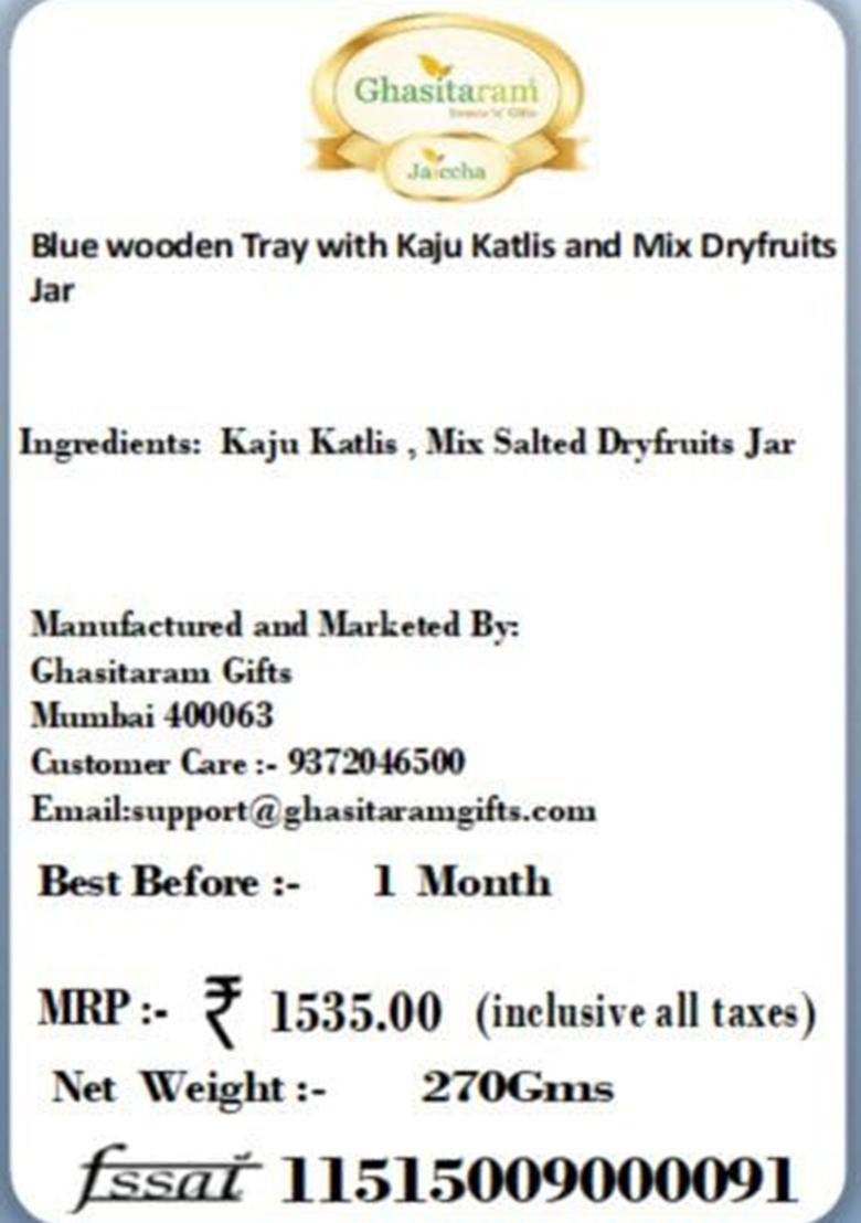Ghasitaram Gifts Blue Wooden Tray With Kaju Katlis And Mix Dryfruits Jar|Dry Fruit Combo Pack Offer|Dry Gift Pack|Dry Box|Diwali Dry Box|