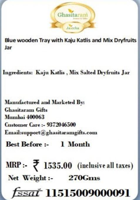Ghasitaram Gifts Blue Wooden Tray With Kaju Katlis And Mix Dryfruits Jar|Dry Fruit Combo Pack Offer|Dry Gift Pack|Dry Box|Diwali Dry Box|