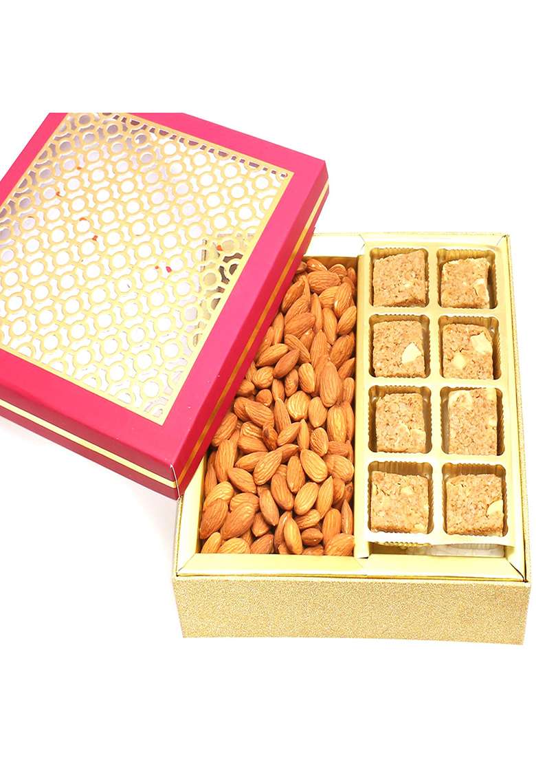 Ghasitaram Gifts Carving Box With Granola Bites And Almonds|Gift Hamper|Diwali Gift Hamper|Food Hampers|Gourmet Hampers| - Indya