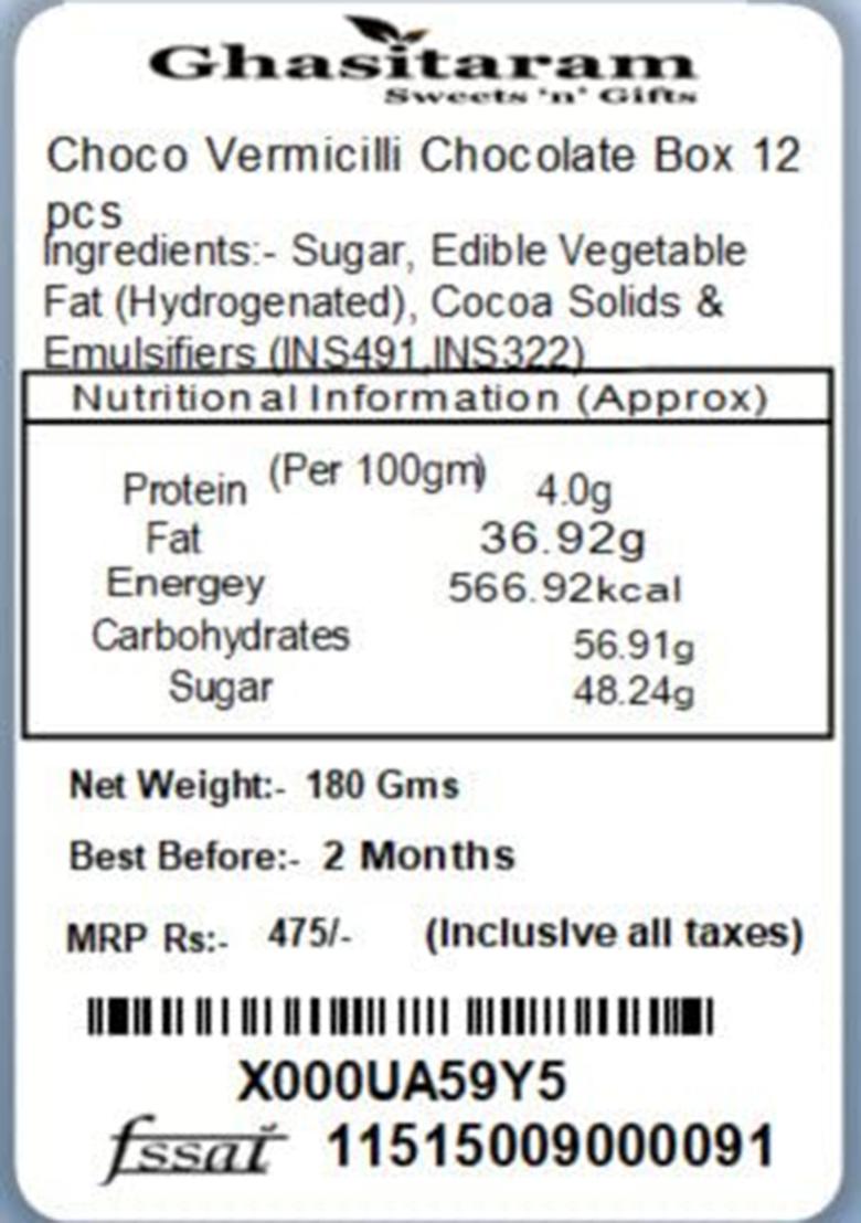Ghasitaram Gifts Choco Vermicilli Chocolate Box (12 Pcs) |Gift For Diwali,Holi,Rakhi,Valentine,Christmas,Birthday,Anniversary,Gift Her,Him,Mothers Day,Fathers Day|