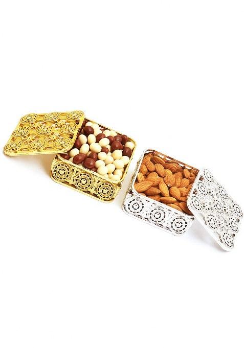 Ghasitaram Gifts Chocolate Hamper- Silver And Gold Almonds Nutties Boxes |Gift Hamper| Diwali Gift Hamper|Food Hampers|Gourmet Hampers|