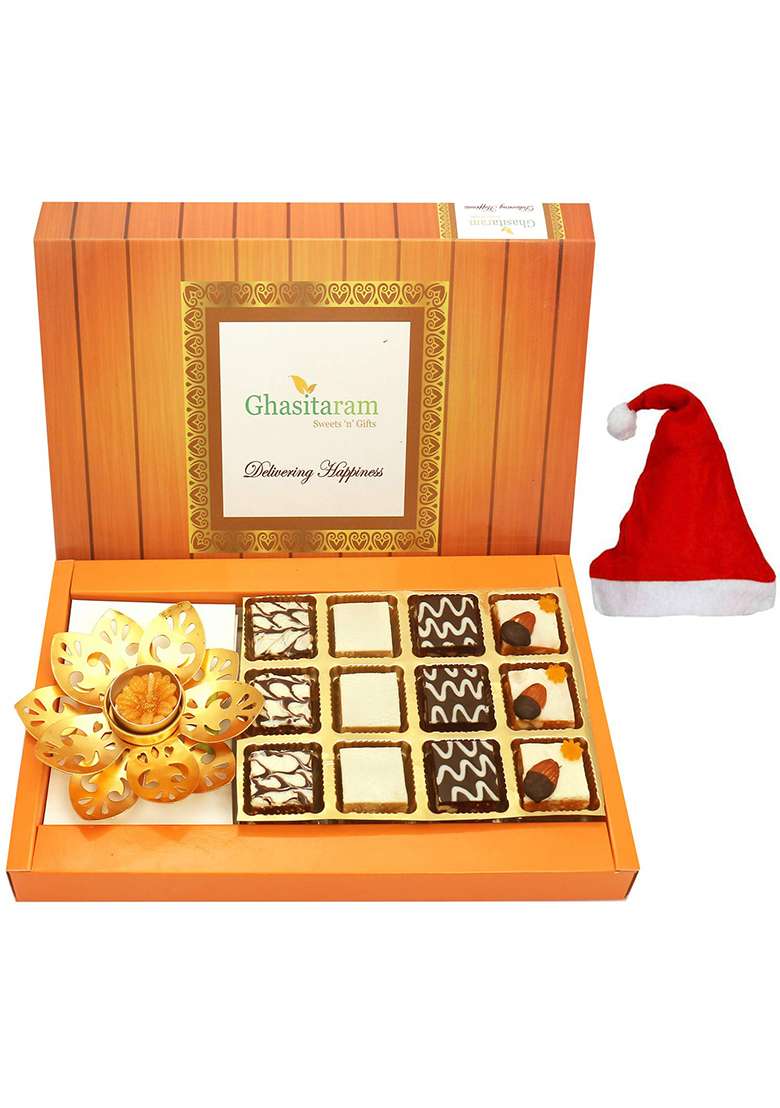 Ghasitaram Gifts Christmas - 12 Pcs Chocolate Dryfruit Bites 300 Gms And T-Lite - Indya