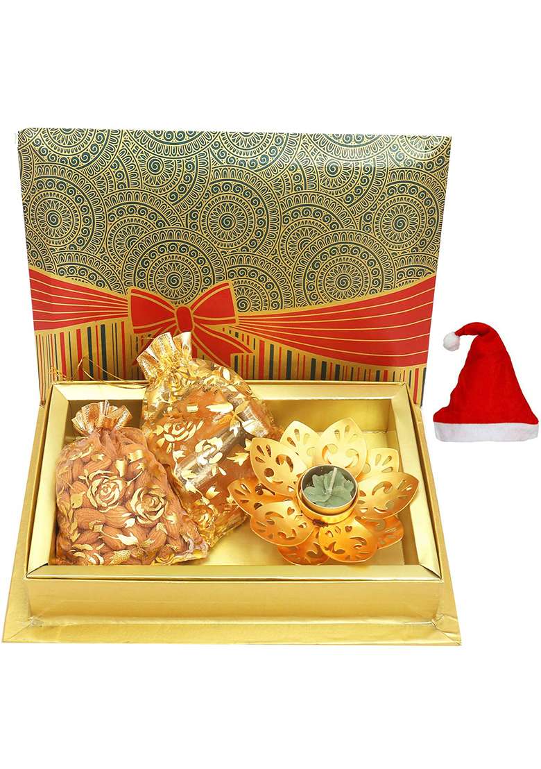 Ghasitaram Gifts Christmas Almonds, Mango Bites Pouches With Golden T-Lite In Fancy Gift Box - Indya