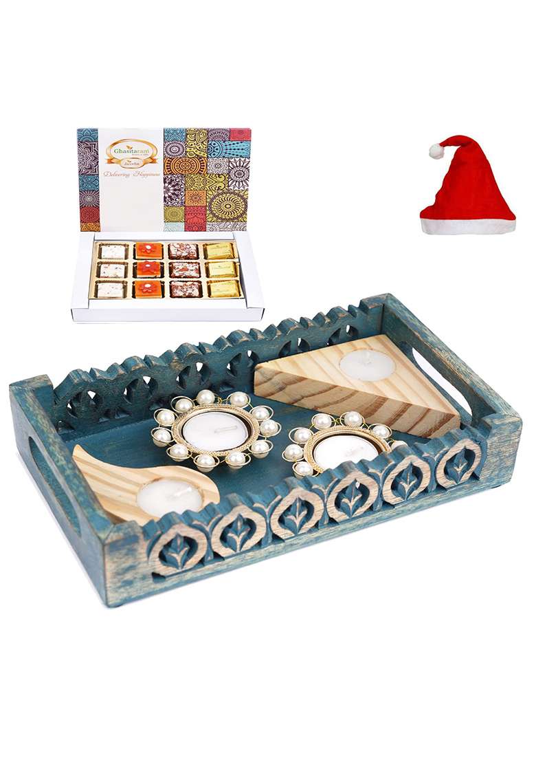 Ghasitaram Gifts Christmas Blue Wooden Serving Tray With 4 T-Lites And Assorted Bites Box 12 Pcs - Indya