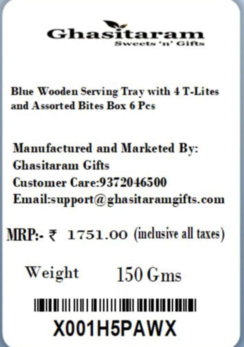 Ghasitaram Gifts Christmas Blue Wooden Serving Tray With 4 T-Lites And Assorted Bites Box 12 Pcs - Indya