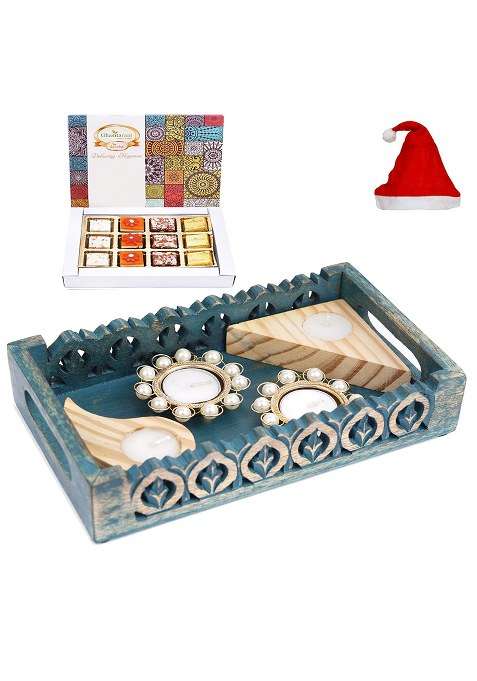Ghasitaram Gifts Christmas Blue Wooden Serving Tray With 4 T-Lites And Assorted Bites Box 12 Pcs