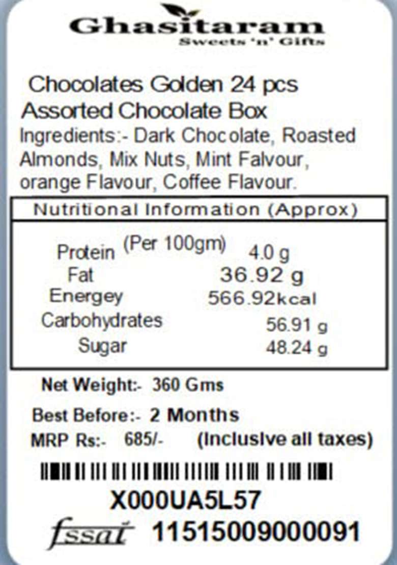Ghasitaram Gifts Christmas Chocolates - Golden 24 Pcs Assorted Chocolate Box - Indya