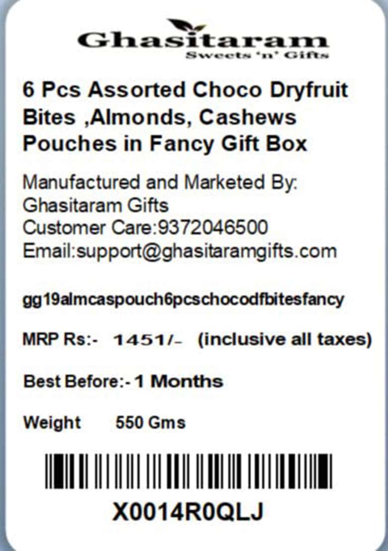 Ghasitaram Gifts Christmas Chocolates 6 Pcs Assorted Choco Dryfruit Bites 150 Gms,Almonds 200 Gms, Cashews Gms Pouches In Fancy Gift Box - Indya