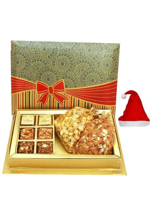 Ghasitaram Gifts Christmas Chocolates 6 Pcs Assorted Choco Dryfruit Bites 150 Gms,Almonds 200 Gms, Cashews Gms Pouches In Fancy Gift Box