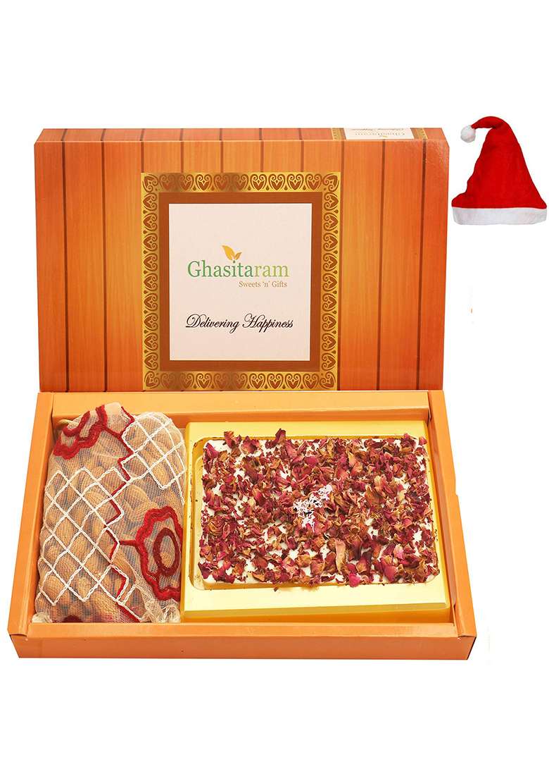 Ghasitaram Gifts Christmas Chocolates Box Of White Chocolate Bark 200 Gms And Almonds Pouch - Indya