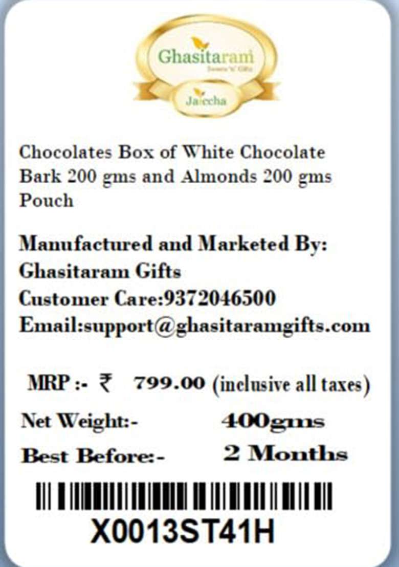 Ghasitaram Gifts Christmas Chocolates Box Of White Chocolate Bark 200 Gms And Almonds Pouch - Indya