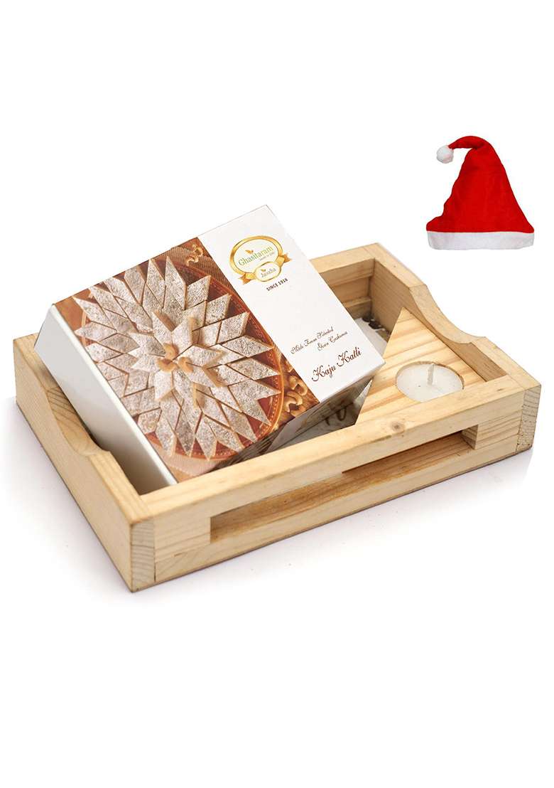 Ghasitaram Gifts Christmas Natural Wood Tray With Kaju Katli Box And Triangle T-Lite - Indya