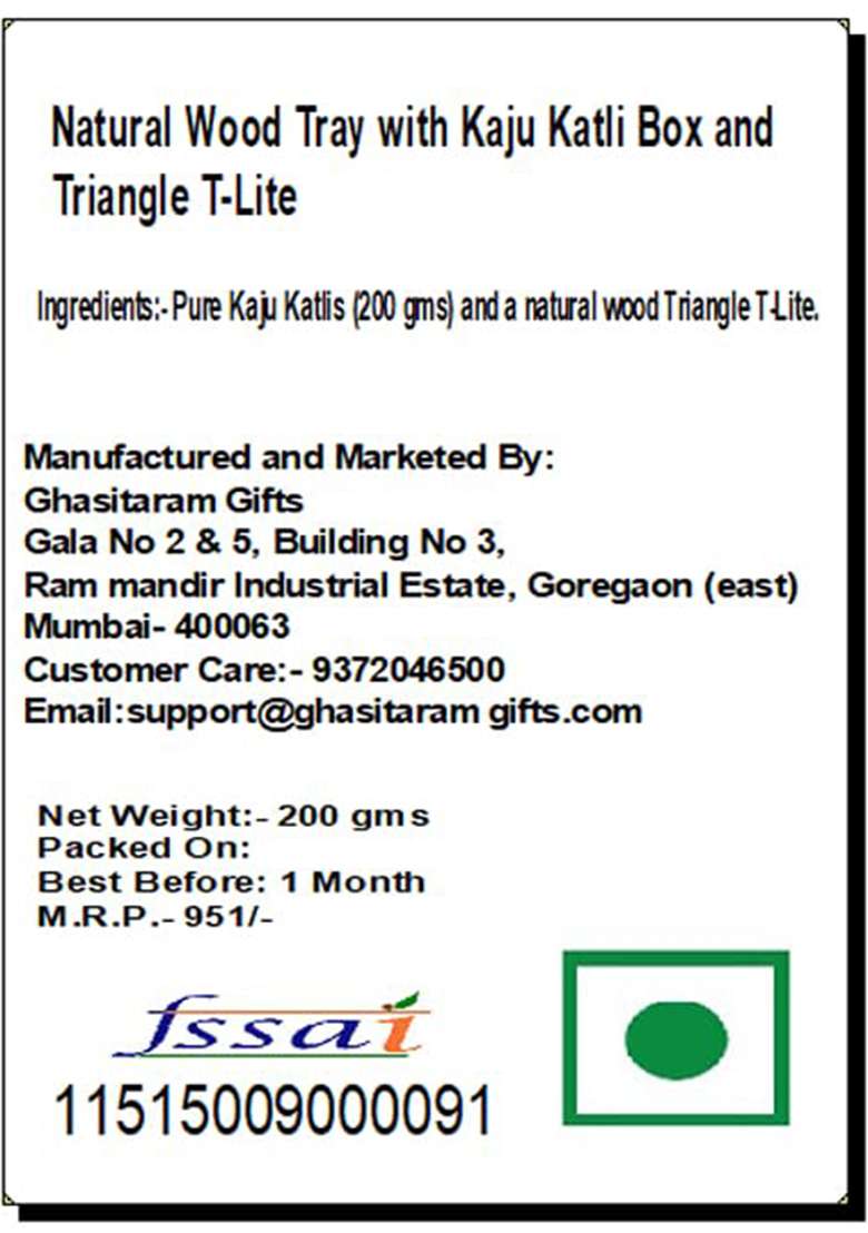 Ghasitaram Gifts Christmas Natural Wood Tray With Kaju Katli Box And Triangle T-Lite - Indya