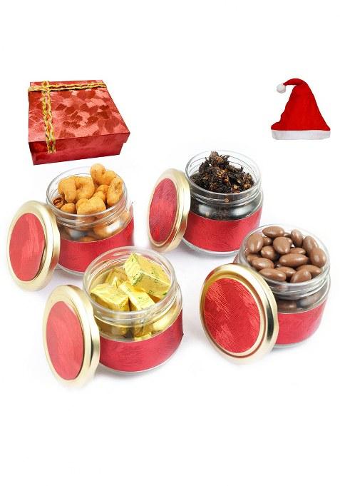 Ghasitaram Gifts Christmas Red 4 Jars Box Of Mewa Bites, Chocolate Almonds, Crunchy Coated Cashews And Banarsi Flavoured