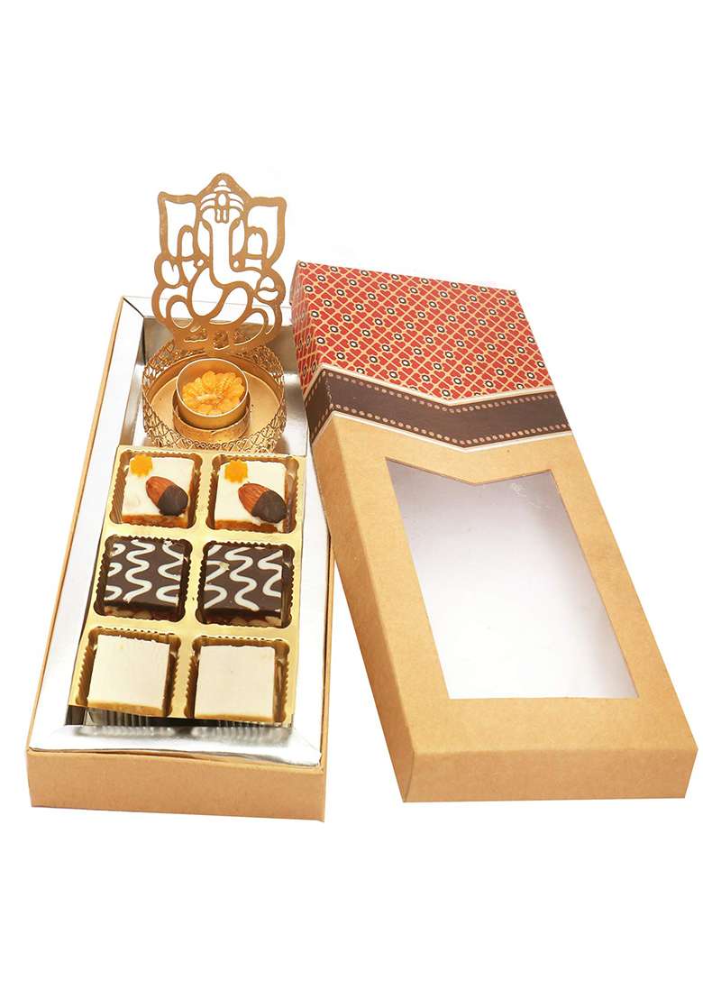 Ghasitaram Gifts Diwali - 6 Pcs Assorted Choco Dryfruit Bites And Shadow Ganesha T-Lite Kraft Box|Gift Hamper|Diwali Gift Hamper|Food Hampers|Gourmet Hampers| - Indya