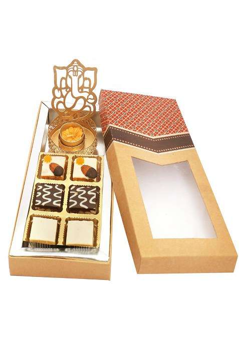 Ghasitaram Gifts Diwali - 6 Pcs Assorted Choco Dryfruit Bites And Shadow Ganesha T-Lite Kraft Box|Gift Hamper|Diwali Gift Hamper|Food Hampers|Gourmet Hampers|