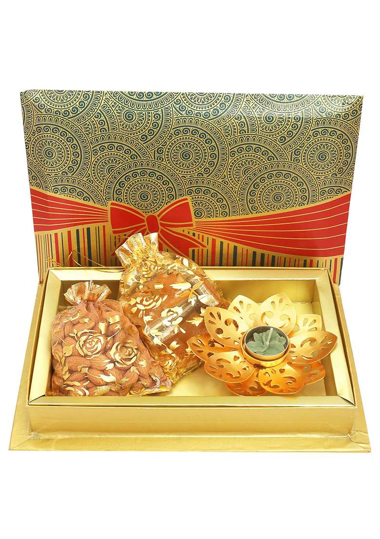 Ghasitaram Gifts Diwali - Almonds, Mango Bites Pouches With Golden T-Lite In Fancy Gift Box|Gift Hamper|Diwali Hamper|Food Hampers|Gourmet Hampers| - Indya