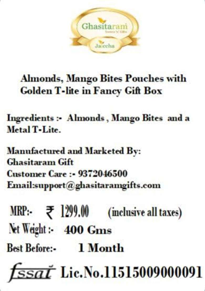 Ghasitaram Gifts Diwali - Almonds, Mango Bites Pouches With Golden T-Lite In Fancy Gift Box|Gift Hamper|Diwali Hamper|Food Hampers|Gourmet Hampers| - Indya