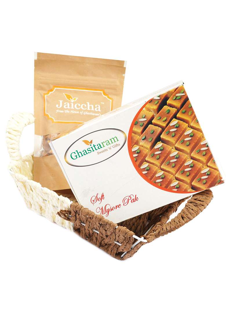 Ghasitaram Gifts Diwali - Small Metal Brown Basket Of Mysore Pak And Almonds|Gift Hamper|Diwali Gift Hamper|Food Hampers|Gourmet Hampers| - Indya