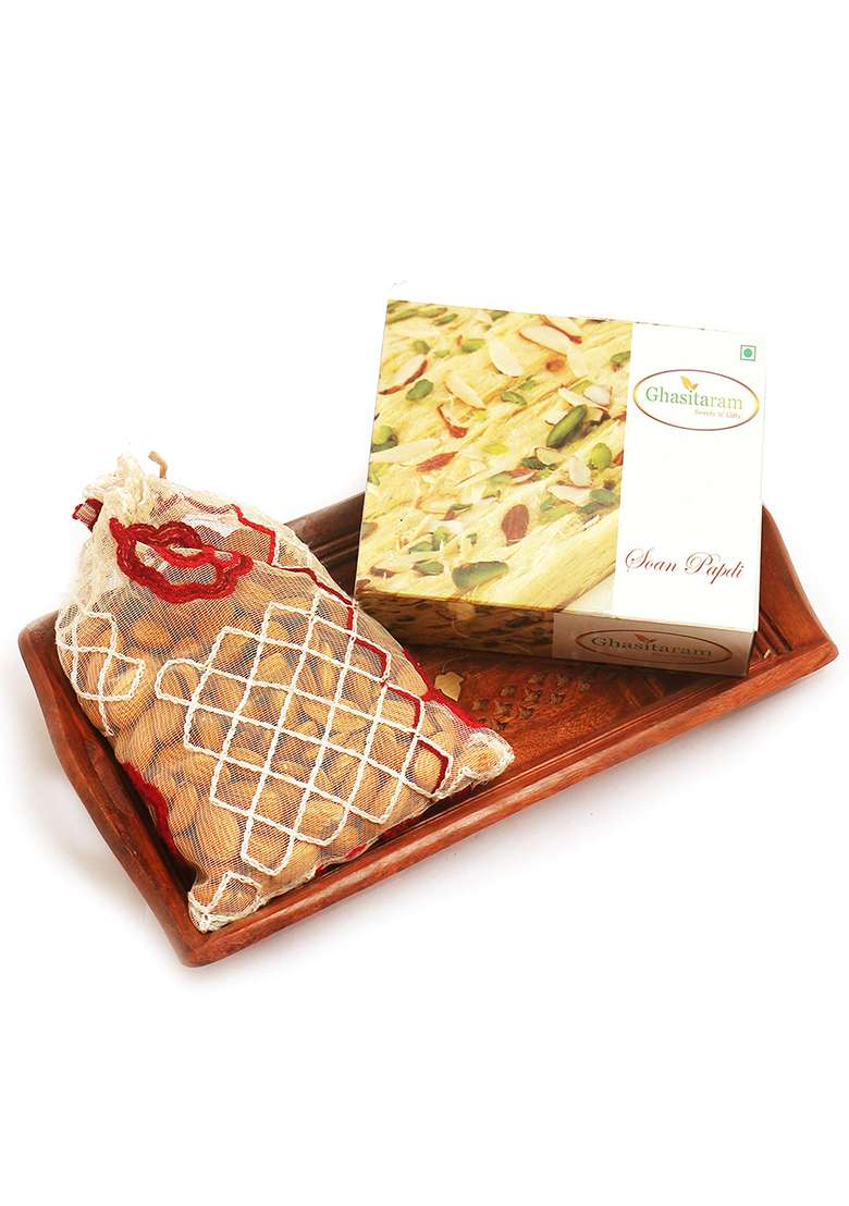 Ghasitaram Gifts Diwali - Small Wooden Serving Tray With Soan Papdi And Almonds|Gift Hamper|Diwali Gift Hamper|Food Hampers|Gourmet Hampers| - Indya