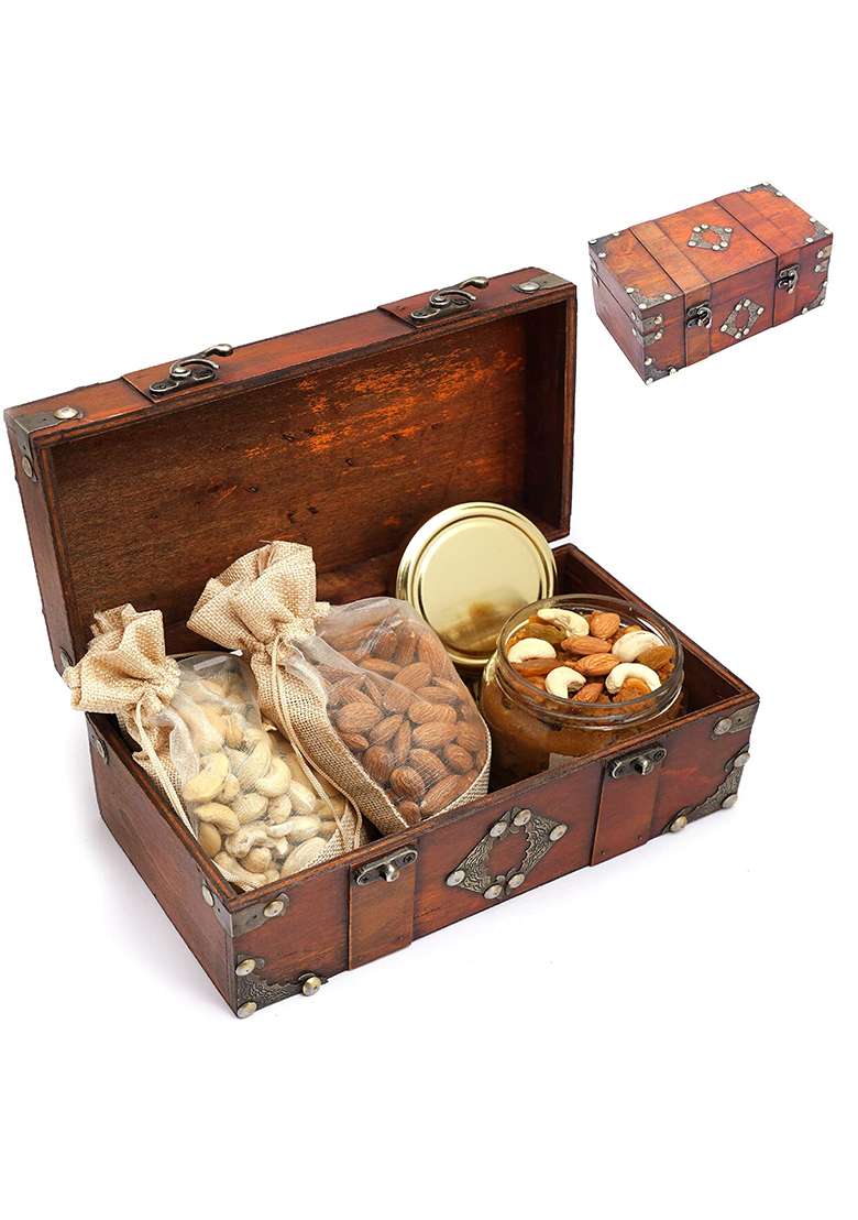 Ghasitaram Gifts Diwali - Vintage Wooden Box Containing Jute Pouches Of Cashews, Almonds And Dryfruit Halwa|Combo Pack Offer|Dry Fruit Gift Pack|Dry Box|Diwali Dry Box| - Indya
