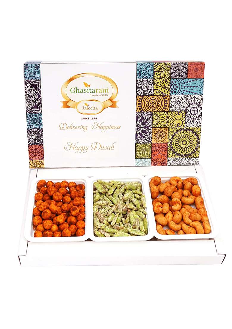 Ghasitaram Gifts Diwali Assorted Festive Box Of Crunchy Cashews, Peanuts And Flavoured Raisins |Gift Hamper|Diwali Gift Hamper|Food Hampers|Gourmet Hampers| - Indya