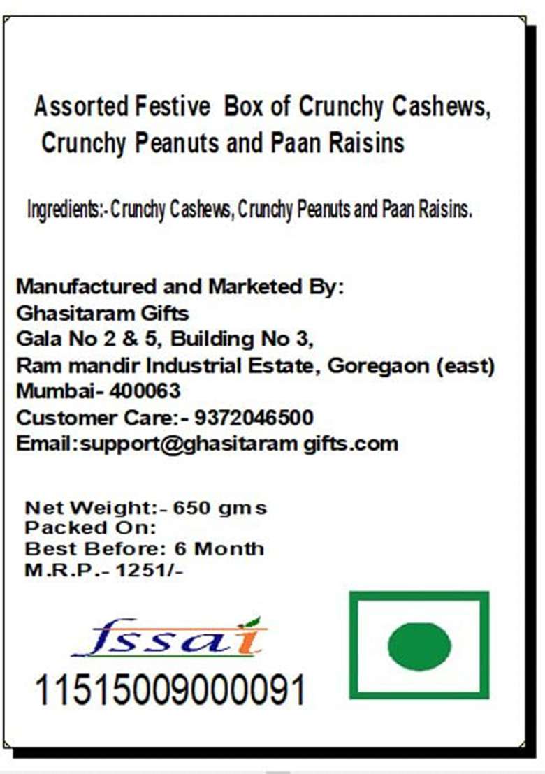 Ghasitaram Gifts Diwali Assorted Festive Box Of Crunchy Cashews, Peanuts And Flavoured Raisins |Gift Hamper|Diwali Gift Hamper|Food Hampers|Gourmet Hampers| - Indya