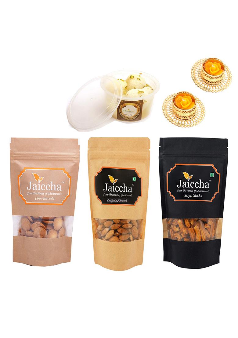 Ghasitaram Gifts Diwali Best Of 4 Rasgulla Pack, Soya Stick Pouch, Coin Biscuits And Almonds Pouch With 2 T-Lites|Gift Hamper|Diwali Gift Hamper|Food Hampers|Gourmet Hampers|