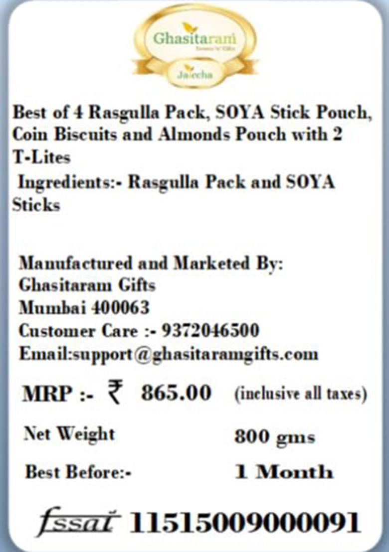 Ghasitaram Gifts Diwali Best Of 4 Rasgulla Pack, Soya Stick Pouch, Coin Biscuits And Almonds Pouch With 2 T-Lites|Gift Hamper|Diwali Gift Hamper|Food Hampers|Gourmet Hampers|
