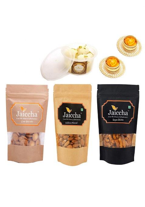 Ghasitaram Gifts Diwali Best Of 4 Rasgulla Pack, Soya Stick Pouch, Coin Biscuits And Almonds Pouch With 2 T-Lites|Gift Hamper|Diwali Gift Hamper|Food Hampers|Gourmet Hampers|