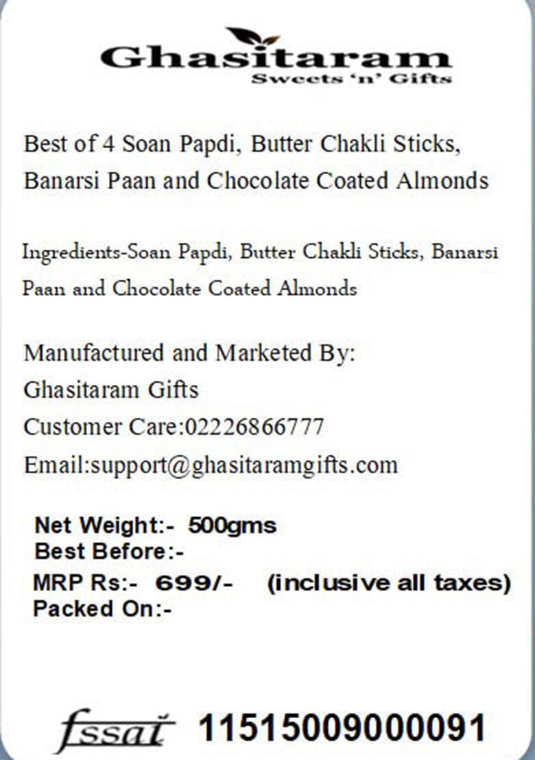 Ghasitaram Gifts Diwali Best Of 4 Soan Papdi,Butter Chakli Sticks,Banarsi Flavoured & Choco Coated Almonds|Gift Hamper|Diwali Gift Hamper|Food Hampers|Gourmet Hampers|