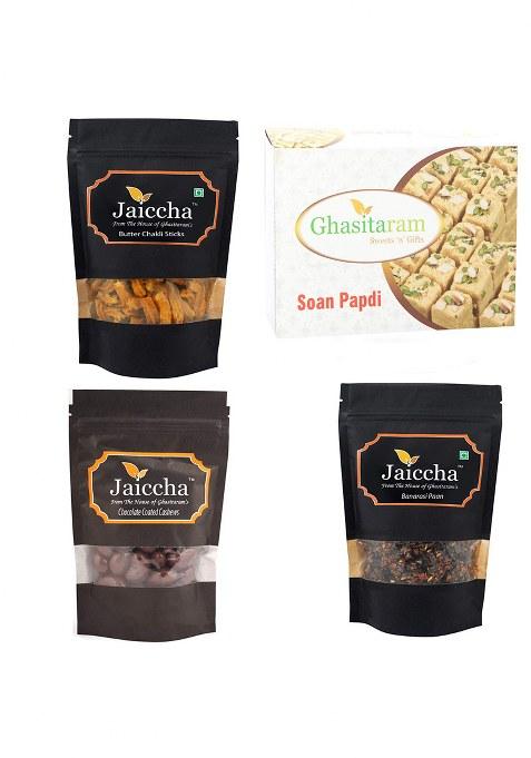 Ghasitaram Gifts Diwali Best Of 4 Soan Papdi,Butter Chakli Sticks,Banarsi Flavoured & Choco Coated Almonds|Gift Hamper|Diwali Gift Hamper|Food Hampers|Gourmet Hampers|