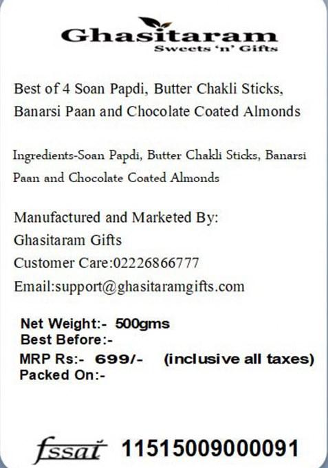 Ghasitaram Gifts Diwali Best Of 4 Soan Papdi,Butter Chakli Sticks,Banarsi Flavoured & Choco Coated Almonds|Gift Hamper|Diwali Gift Hamper|Food Hampers|Gourmet Hampers|