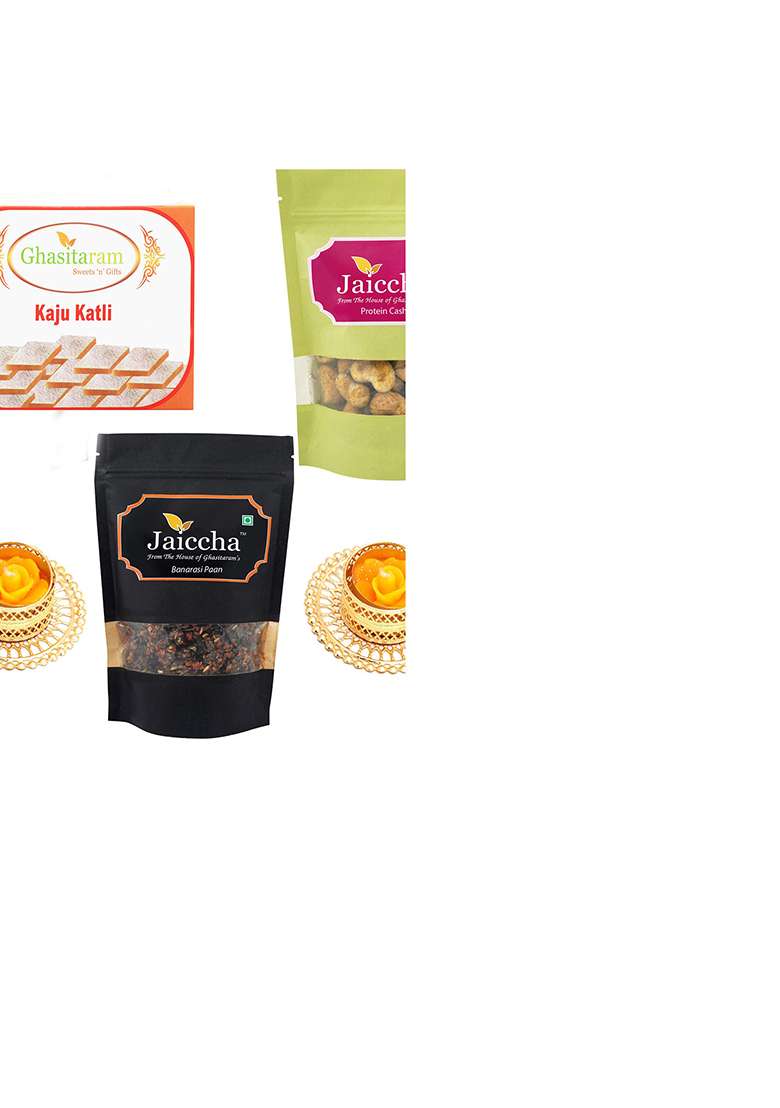 Ghasitaram Gifts Diwali Gift Best Of 3 Kaju Katlis, Crunchy Cashews And Banarsi Flavoured With 2 T-Lites|Gift Hamper|Diwali Hamper|Food Hampers|Gourmet Hampers| - Indya