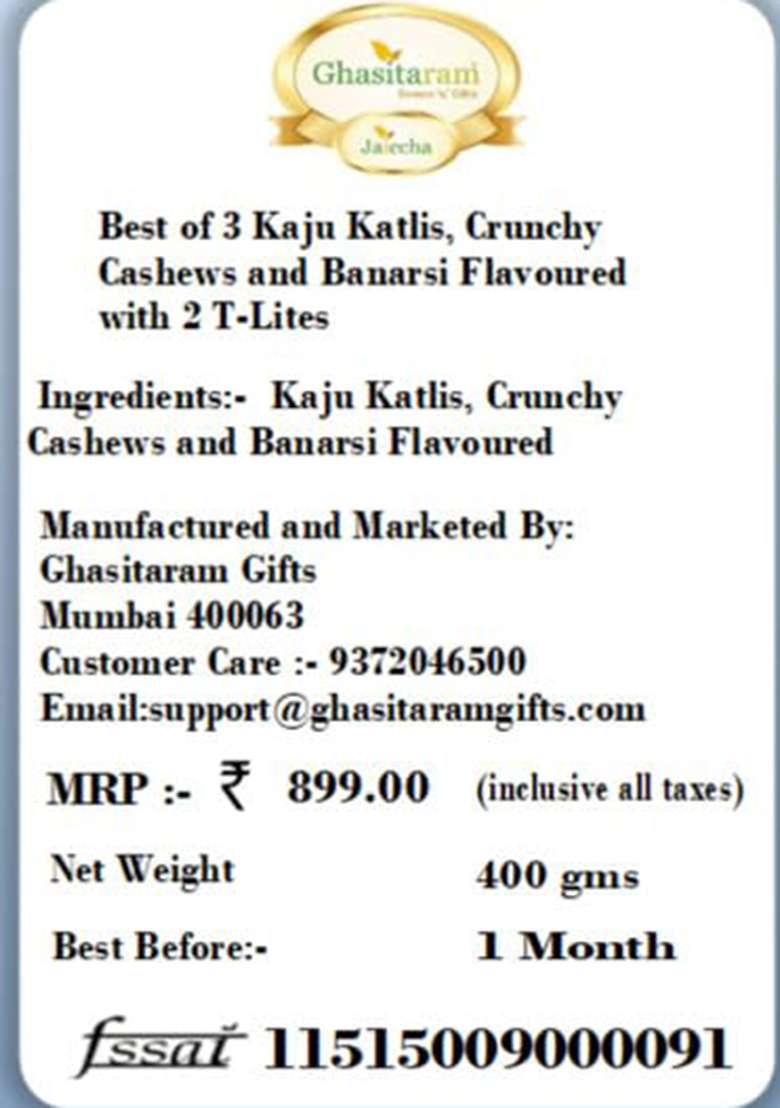 Ghasitaram Gifts Diwali Gift Best Of 3 Kaju Katlis, Crunchy Cashews And Banarsi Flavoured With 2 T-Lites|Gift Hamper|Diwali Hamper|Food Hampers|Gourmet Hampers| - Indya