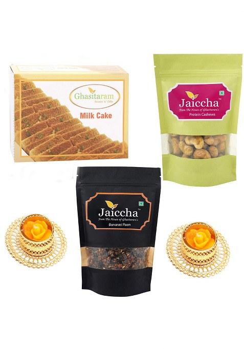 Ghasitaram Gifts Diwali Gift Best Of 3 Milk Cake, Crunchy Cashews And Banarsi Flavoured With 2 T-Lites|Gift Hamper|Diwali Hamper|Food Hampers|Gourmet Hampers|