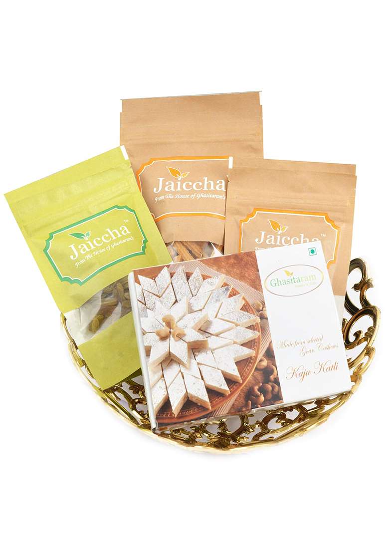 Ghasitaram Gifts Diwali Gold Carved Basket Of Almonds,Raisins,Butter Chakli And Kaju Katlis|Gift Hamper|Diwali Gift Hamper|Food Hampers|Gourmet Hampers| - Indya