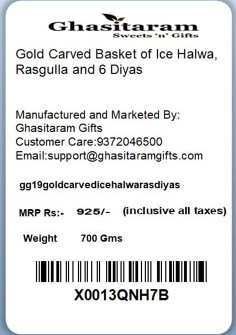 Ghasitaram Gifts Diwali Gold Carved Basket Of Ice Halwa, Rasgulla And 6 Diyas|Gift Hamper|Diwali Gift Hamper|Food Hampers|Gourmet Hampers|