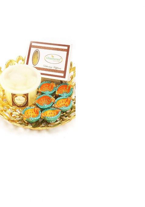 Ghasitaram Gifts Diwali Gold Carved Basket Of Ice Halwa, Rasgulla And 6 Diyas|Gift Hamper|Diwali Gift Hamper|Food Hampers|Gourmet Hampers|