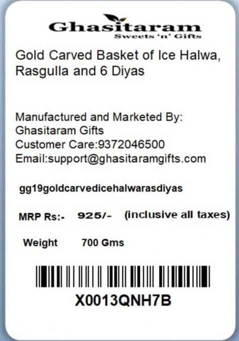 Ghasitaram Gifts Diwali Gold Carved Basket Of Ice Halwa, Rasgulla And 6 Diyas|Gift Hamper|Diwali Gift Hamper|Food Hampers|Gourmet Hampers|