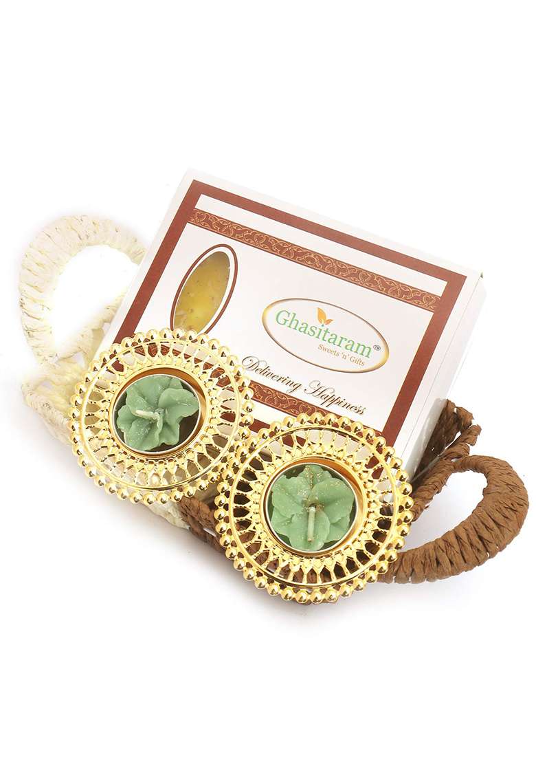 Ghasitaram Gifts Diwali Small Metal Brown Basket Of Ice Halwa And T-Lite|Gift Hamper|Diwali Gift Hamper|Food Hampers|Gourmet Hampers| - Indya