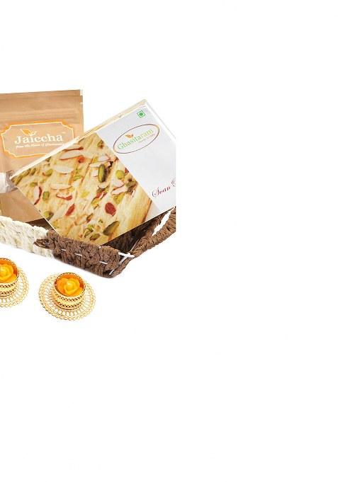 Ghasitaram Gifts Diwali Small Metal Brown Basket Of Soan Papdi And Almonds With 2 T-Lites|Gift Hamper|Diwali Gift Hamper|Food Hampers|Gourmet Hampers|