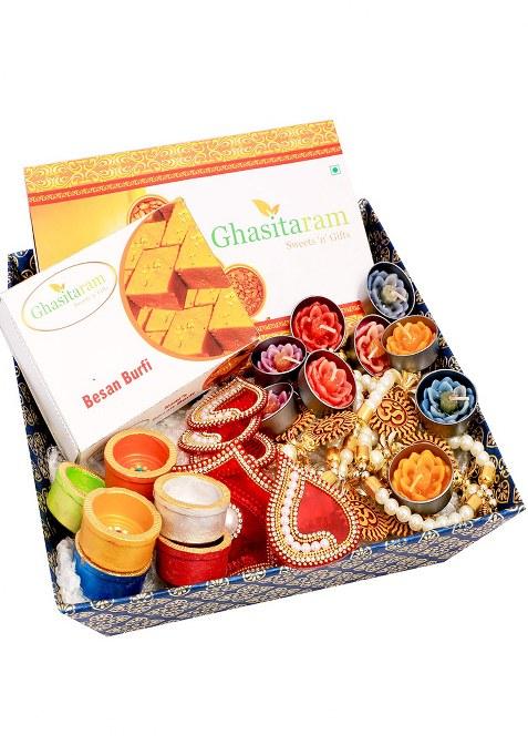 Ghasitaram Gifts Diwali Hampers Big Blue Basket Hamper Of Bean Barfi, Dryfruit Box (Pack 10)|Gift Hamper| Gift Hamper|Food Hampers|Gourmet Hampers|
